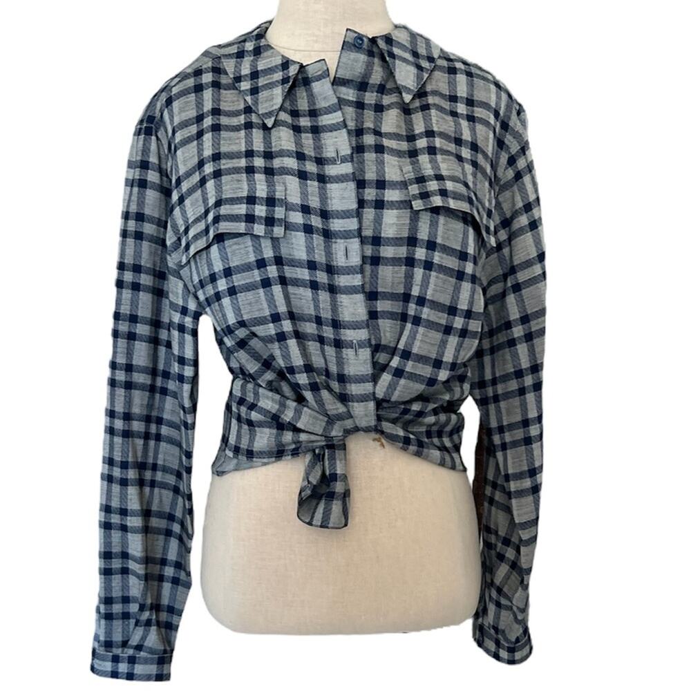 Vintage Giorgio Armani Shirt Womens 38 Plaid Long Sleeve Shoulder Pad Italy Made